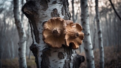 Birch tree trunk with chaga mushroom utilized in herbal medicine as tea or coffee to promote health, combat aging, and lower cholesterol