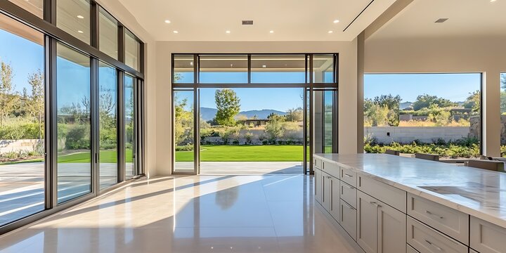Elegant chef's kitchen featuring large windows, a flat roof, and a landscaped lawn.