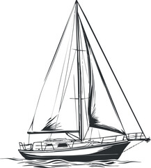 Black and white line art illustration of a sailboat with sails and mast on water
