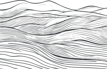 Abstract black and white flowing lines creating a wavy pattern resembling hills or waves in a smooth organic design