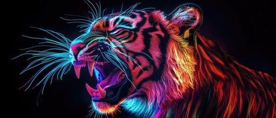 Vibrant neon tiger roaring in the dark.