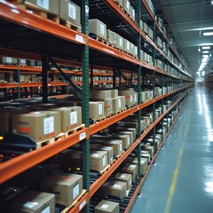 High bay storage racks with product boxes.