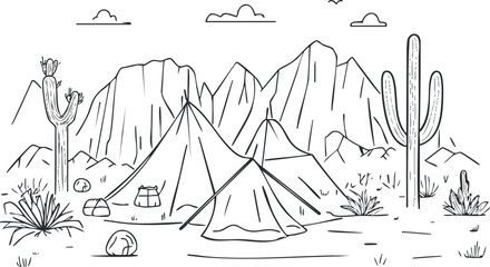 Black and white line drawing of camping tents in a desert landscape with mountains and cactus plants