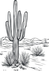 Black and white illustration of a cactus in a desert landscape with shrubs and distant mountains
