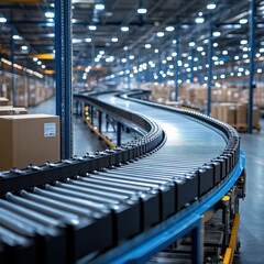 Industrial logistics conveyor belt system in use 
