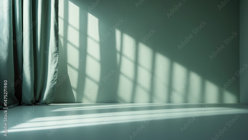 Poster studio setup with green wall, light and shadow lines from sheer curtain, empty room for cosmetic pro