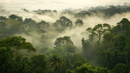 Misty rainforest vista, a dense canopy of lush trees.