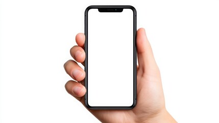 Hand Holding a Blank Smartphone Isolated on White Background