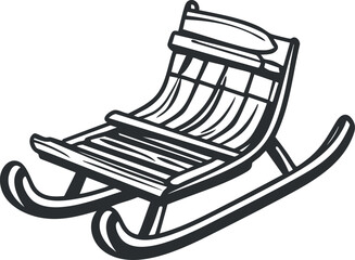 Black and white illustration of a wooden sled with curved runners and a slatted seat for winter outdoor fun