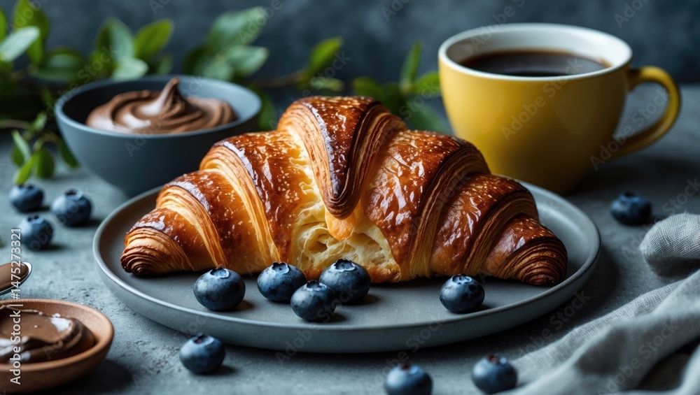 Poster rustic breakfast idea featuring a fresh chocolate croissant with blueberries on a gray plate and a b