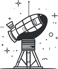 Black and white illustration of a telescope on a tripod observing space with stars and celestial objects around