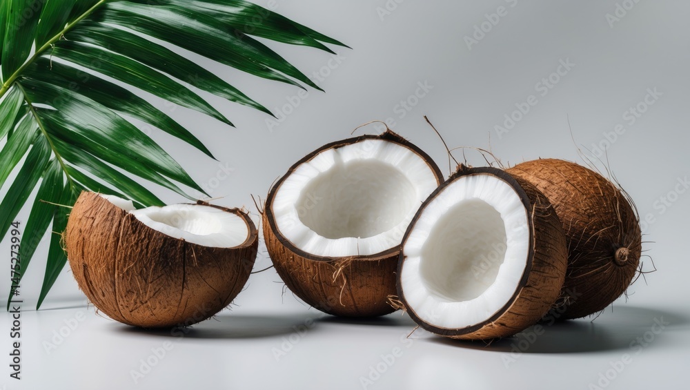 Poster coconut and leaves isolated on a plain backdrop