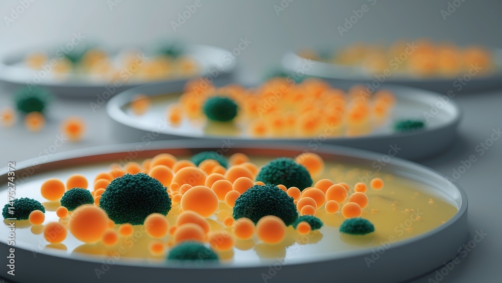 Poster Detailed view of yellow bacterial colony on agar highlighting glow and shiny background patterns