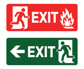 Emergency Exit Signs Set Fire Safety Red Green Running Figure Door Arrow