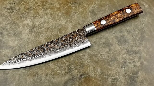 Detailed View of a Damascus Steel Kitchen Knife with Custom Wood Grain Handle