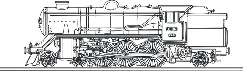 Black and white outline drawing of a classic steam locomotive train side view with detailed mechanical parts © vadymstock