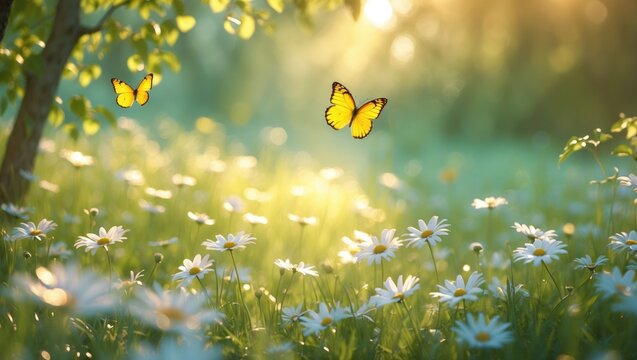 Seasonal forest glade during spring or summer with vibrant grass and butterflies