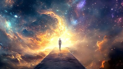 Fototapeta premium Journey into the Cosmos: A lone figure embarks on a transcendent journey through the vibrant expanse of the cosmos. The scene is painted with dynamic colors.