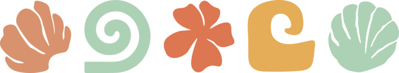 Boho summer beach illustration collection. Retro geometric sun, seashells, waves, and flowers. Groovy  abstract tropical icons design.