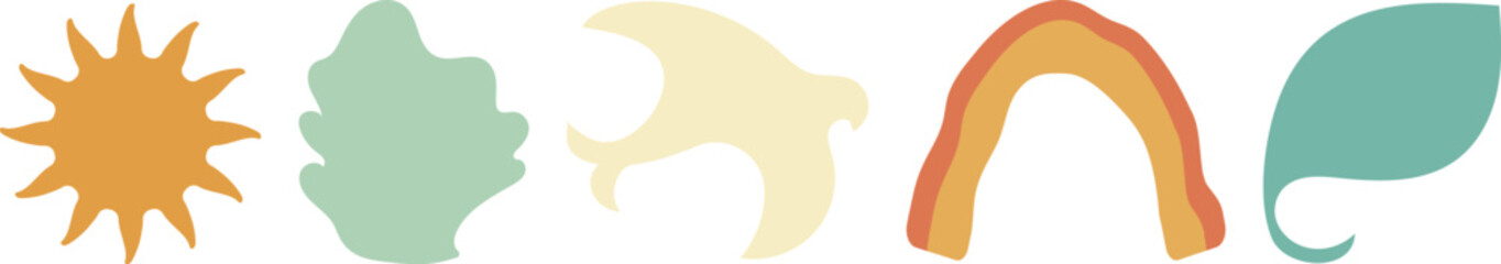 Boho summer beach illustration collection. Retro geometric sun, seashells, waves, and flowers. Groovy  abstract tropical icons design.