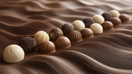 Gourmet chocolate bonbons displayed on smooth chocolate surface elegant textures