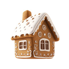 Decorated gingerbread house cookie with a white icing roof and details isolated on transparent background