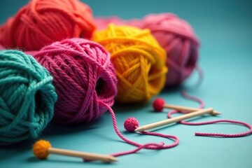 Close-up of colorful yarn balls and knitting needles, showcasing craft supplies , craft fair, handcrafts