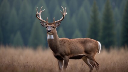Obraz premium Grassland Scene Featuring a Trophy Buck Deer Stag with Evergreen Forest in the Background During Hunting Season