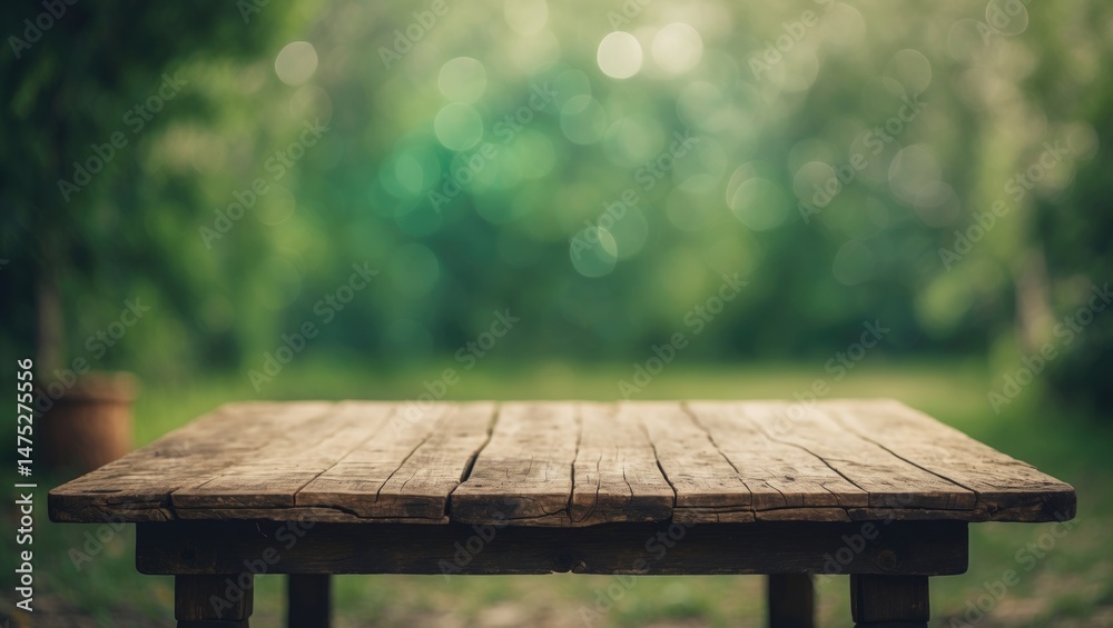 Aufkleber Simple rustic table placed before an abstract bokeh background for product display and picnic concept