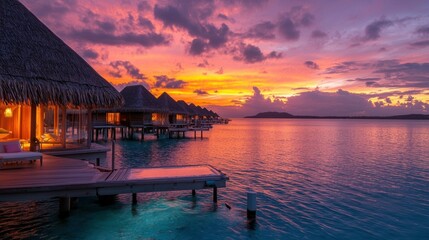 Obraz premium Several overwater bungalows view during a scenic vibrant sunset display