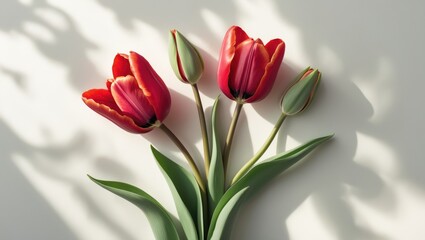 Fototapeta premium White backdrop with red tulip flowers and buds