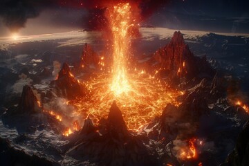 A massive volcanic eruption releases lava and ash, illuminating jagged mountains under a dark sky.