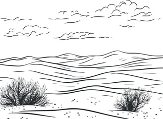 Black and white line drawing of desert landscape with sand dunes, sparse bushes, and cloudy sky.