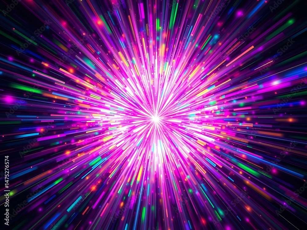 Poster abstract explosion of colorful light rays bursting from a central point in deep space