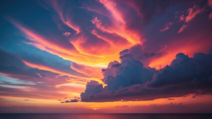 Fototapeta premium Sunset Evening Scene with Orange, Yellow Sunlight and Storm Clouds in a Summer Sky