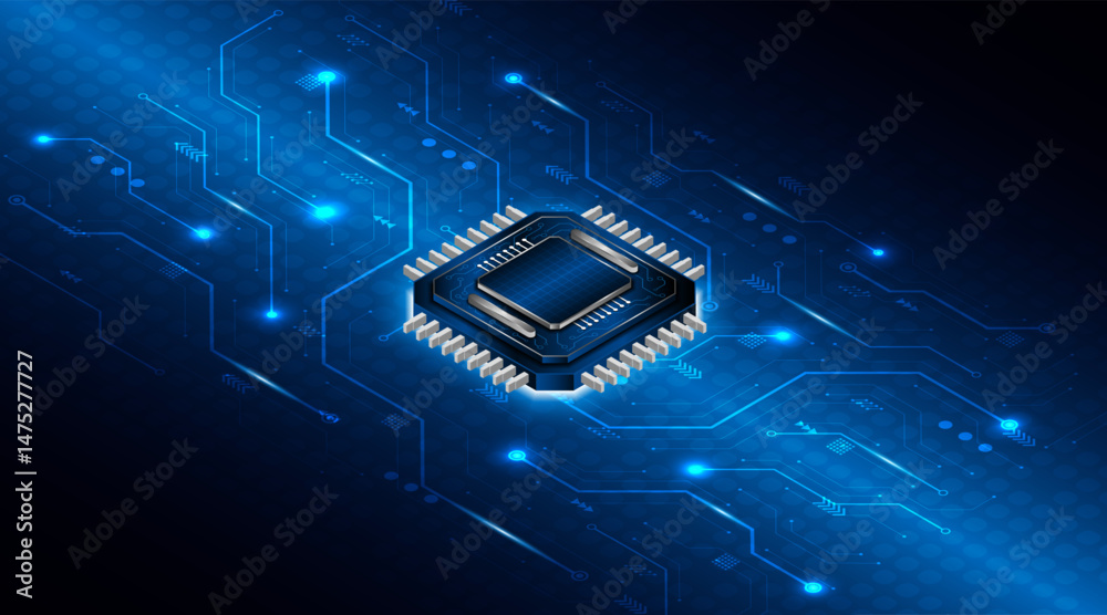 Poster Microchip processor circuit board technology on dark blue background. Information Processing Concept. Circuit board hi-tech technology background. vector illustration	