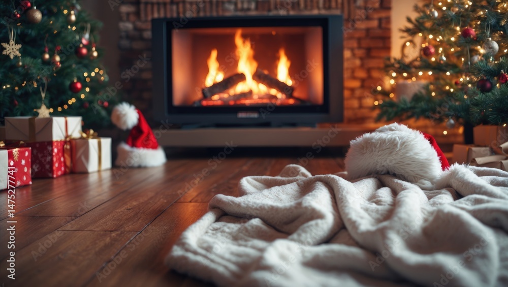 Aufkleber view of fireplace on screen with tv and christmas tree, suitable for adding copy