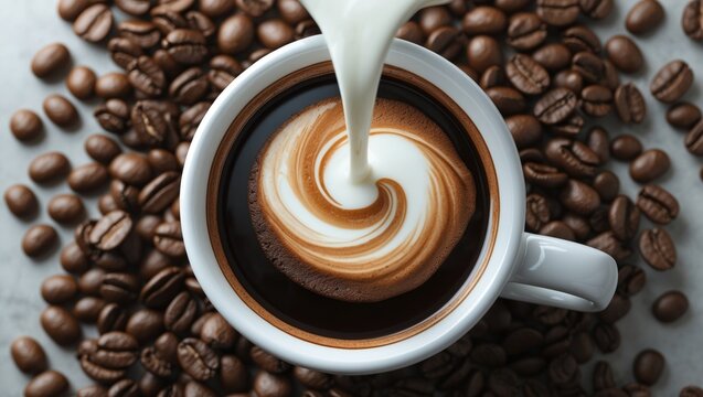 Making a cappuccino by pouring milk into a black coffee cup