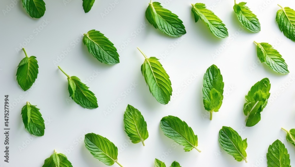 Poster Mint leaves descending, isolated on a white surface, with a clipping path and extensive depth of field