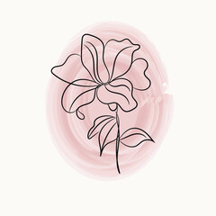 Elegant Line Art Flower on Pink Watercolor Background Botanical Illustration