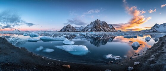 Panoramic view of a serene arctic landscape at sunset, featuring ice floes, calm water, and snow-capped mountains reflecting in the water.