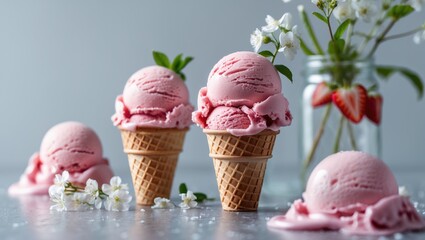 Creamy strawberry ice cream couples in a jar decorated with blooms, a nutritious frozen dessert with room for text