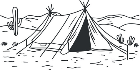 Black and white line drawing of a camping tent set up in a desert landscape with cacti and hills in the background