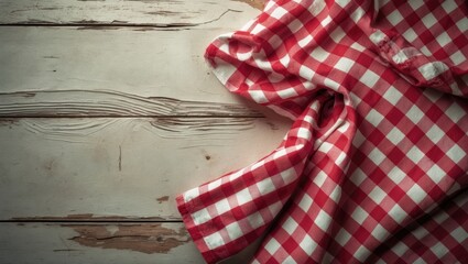 Obraz premium Table setting with red picnic cloth on wooden table and space for text