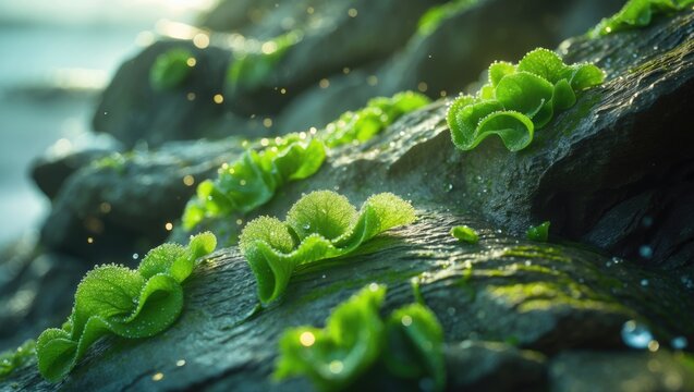 Macro image of ulva lactuca seaweed thriving on the rocks along the coast