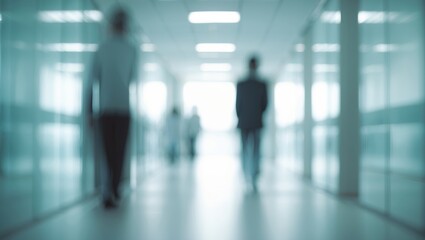 Blurry image of hospital aisle with modern interior and light flooring