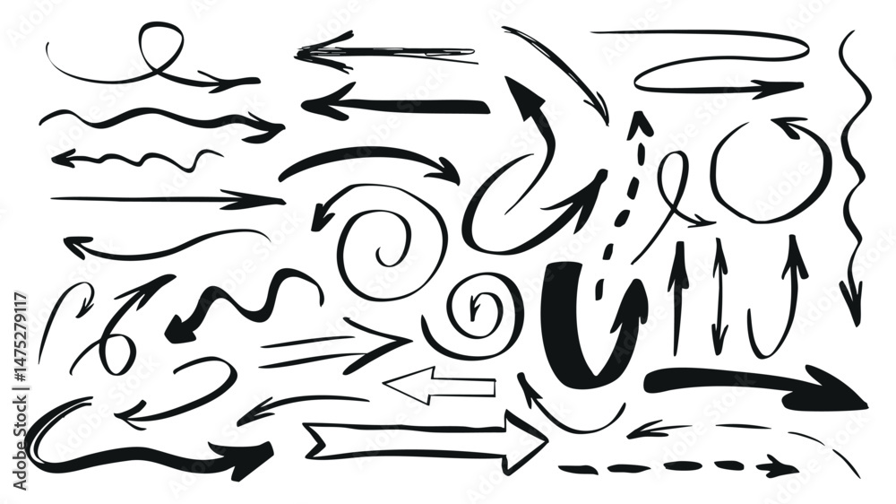 Aufkleber handwriting arrows set of marker brush stroke texture. doodle elements with black hand drawn twisted