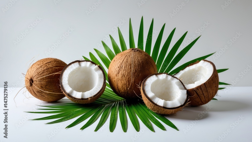 Poster collection featuring coconuts alongside palm leaves in the background