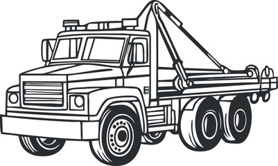 Black and white line drawing of a heavy tow truck with a flatbed and lifting mechanism for cargo transport