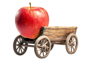 Red apple placed on a vintage wooden cart for display or decoration